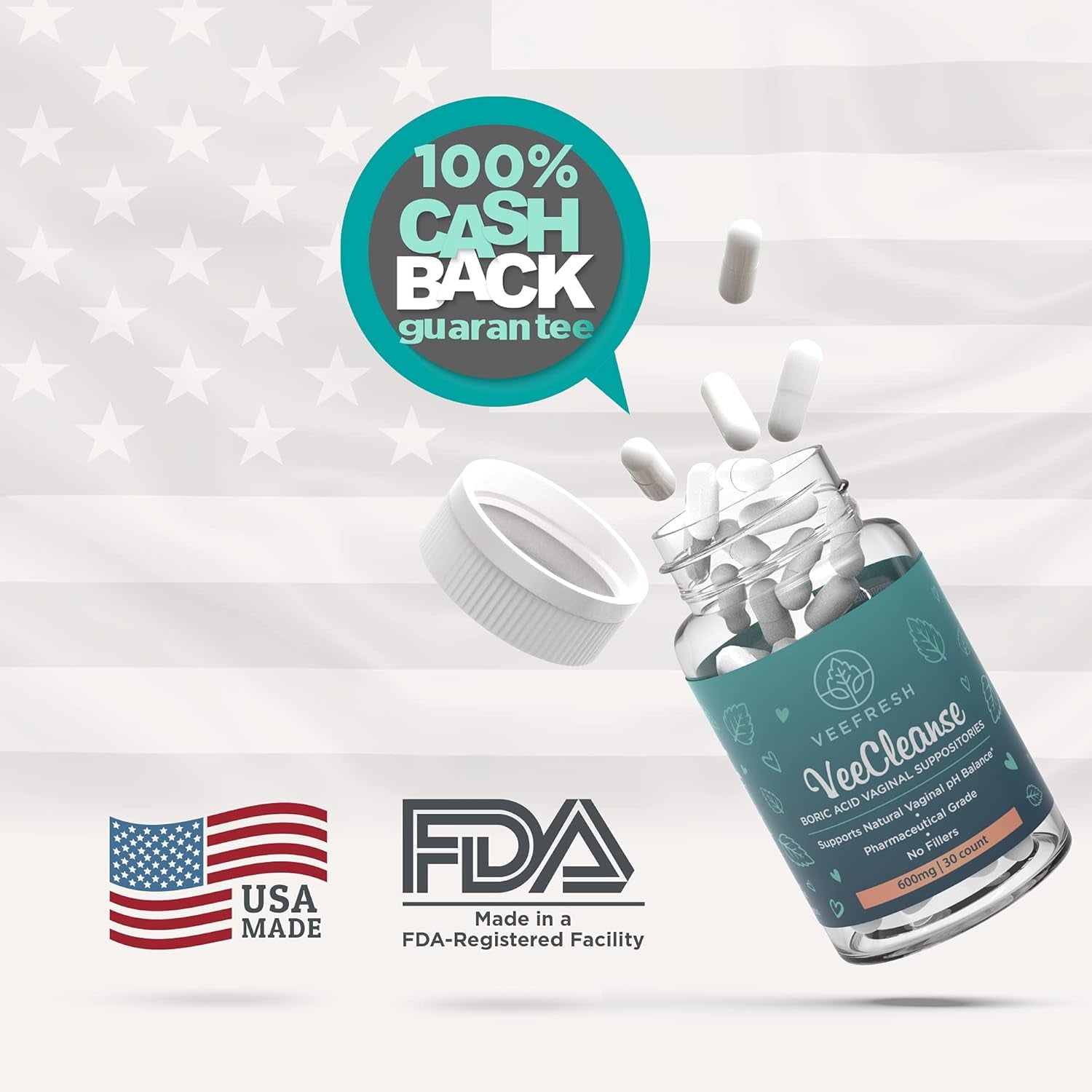 Veefresh - Veecleanse Boric Acid Vaginal Suppositories + Suppository Applicator - Vaginal Ph Balance Suppositories - Vaginal Odor Control - Feel Fresh, Feminine and Confident