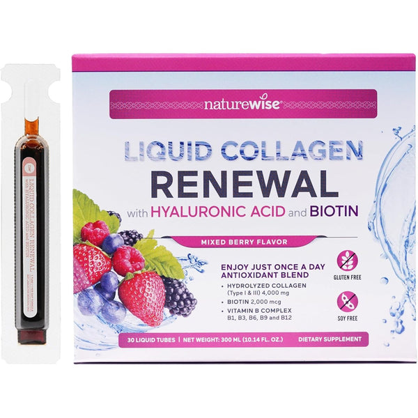 NatureWise Liquid Collagen RENEWAL With Hyaluronic Acid & Biotin (Mixed Berry) - 30 Liquid Tubes, 300ml