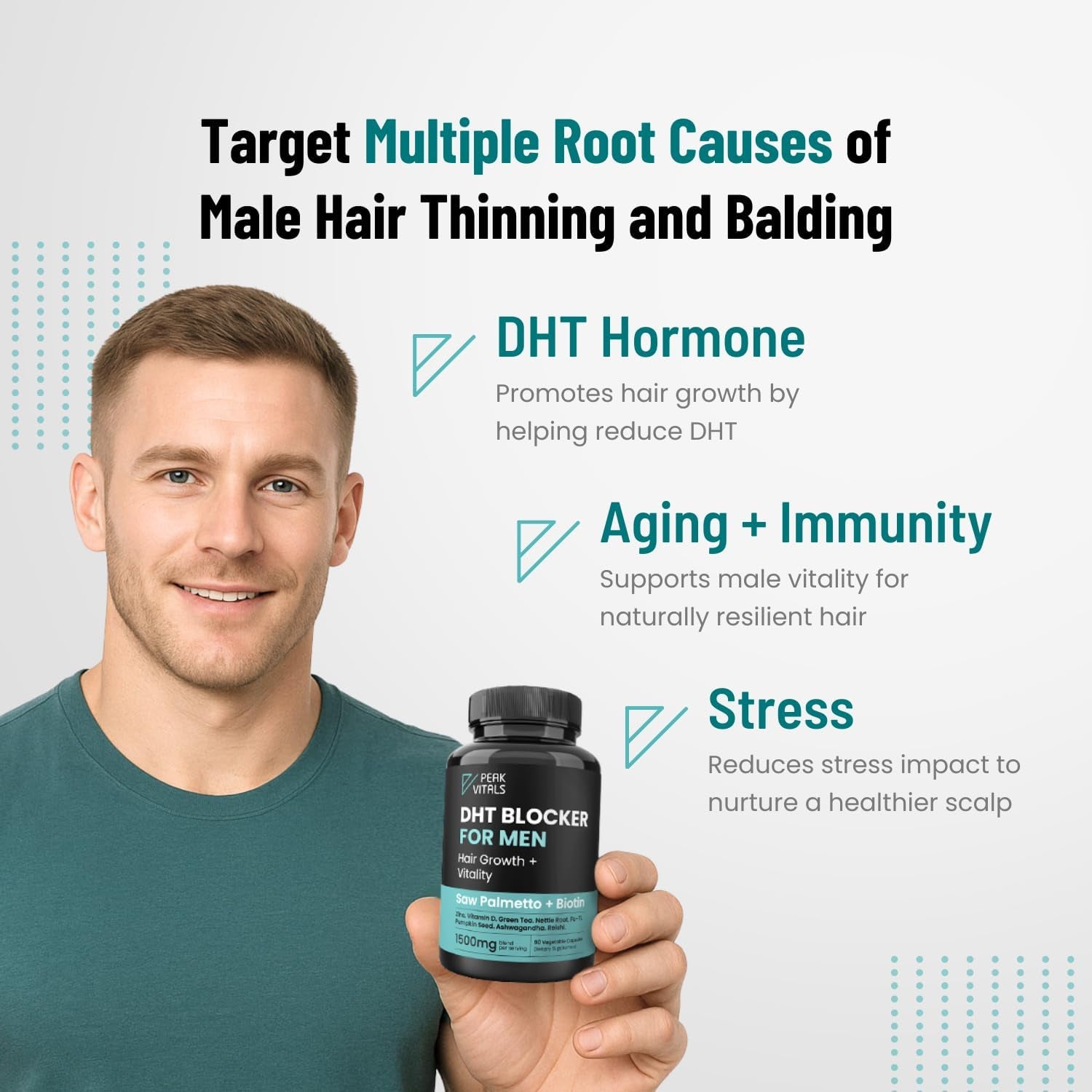 PEAK VITALS DHT Blocker for Men – 90 Capsules | Hair Regrowth Supplement with Biotin, Saw Palmetto & Adaptogens