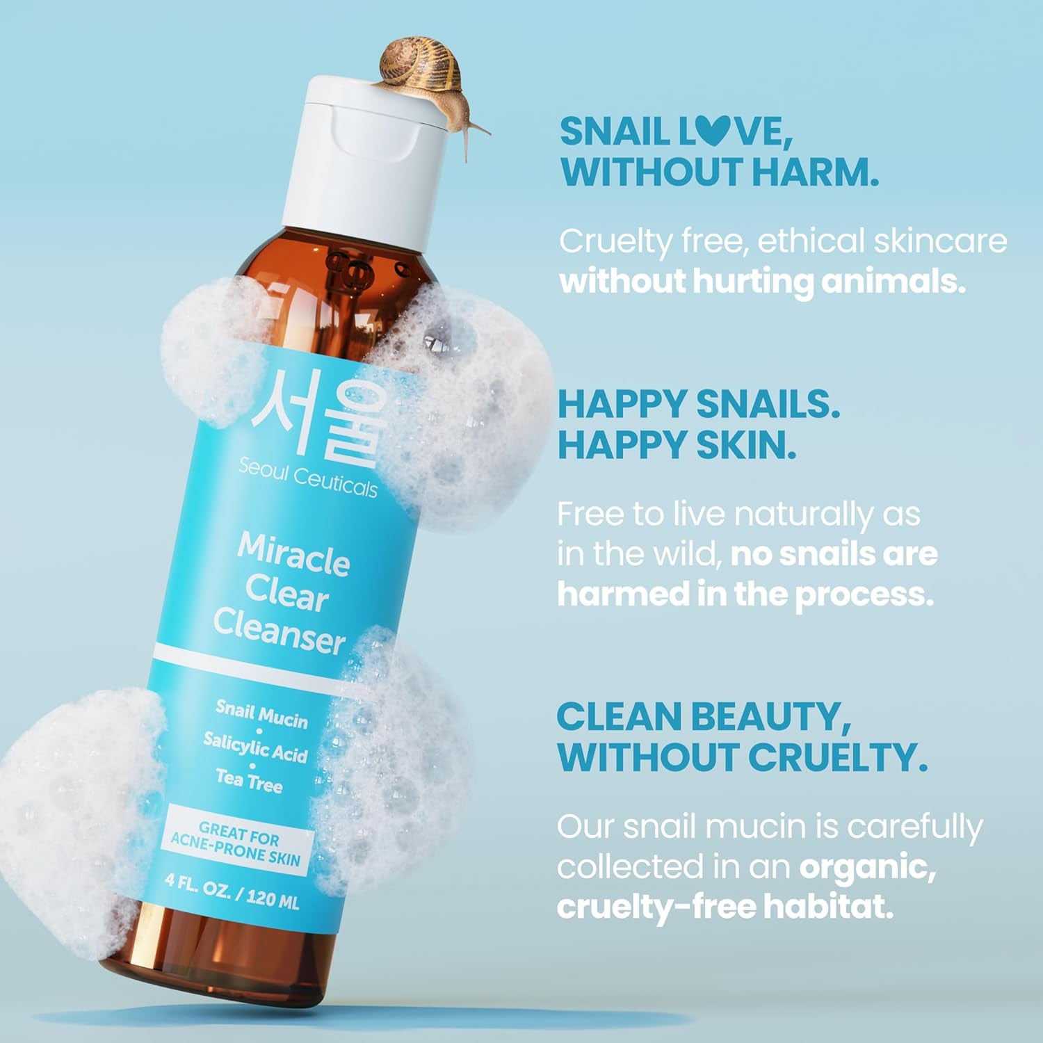 SeoulCeuticals Miracle Clear Cleanser – 120ml | Korean Acne Solution with Snail Mucin, Salicylic Acid & Tea Tree