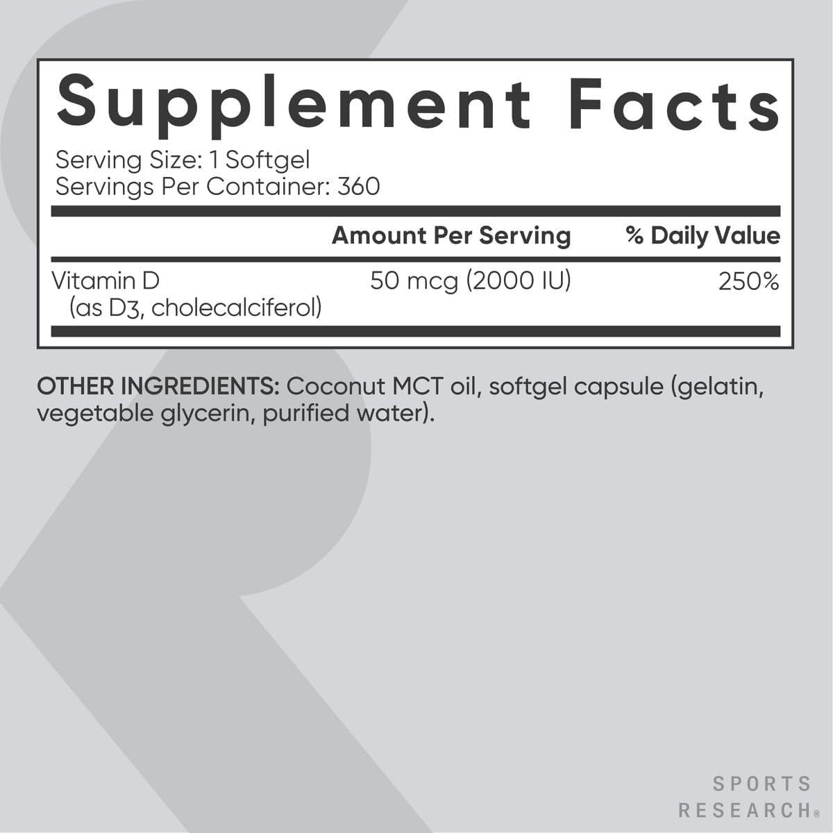 Sports Research® Vitamin D3 – 360 Softgels | 2000 IU Daily Support for Bone, Immune & Mood Health