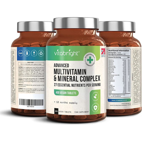 Multivitamins & Minerals - 400 Vegan Multivitamin Tablets – 13 Month Supply - 27 Essential Vitamins & Minerals per Multivitamin Tablet for Women and Men – Keto Friendly - Made in the UK by