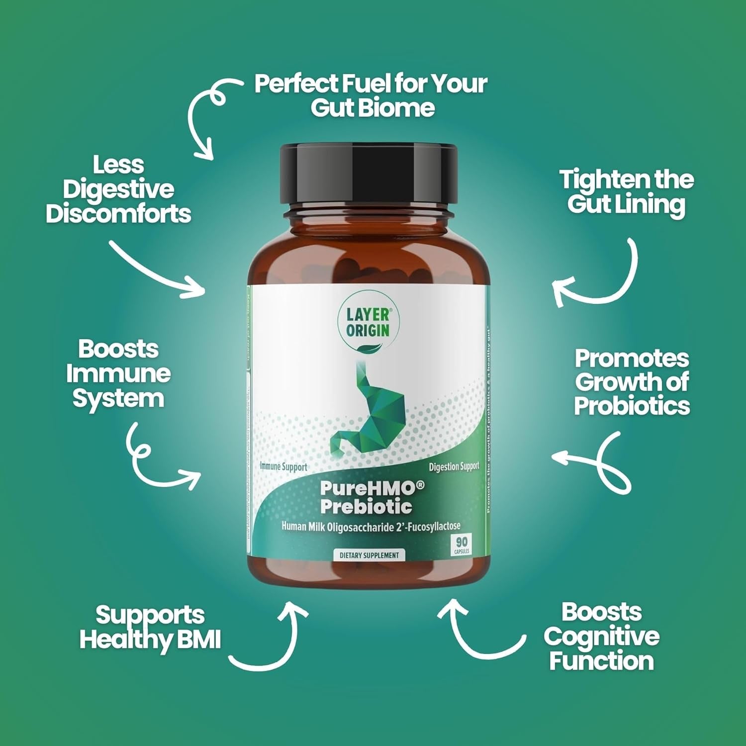 Layer Origin PureHMO Prebiotic – 90 Capsules, 30-Day Supply | Gut, Immune & Cognitive Health Support with 98% Pure 2’-FL
