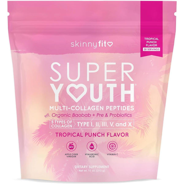 SkinnyFit Super Youth Multi-Collagen Peptides – Tropical Punch Flavor (313g) | 5 Collagen Types + Probiotics for Beauty & Wellness