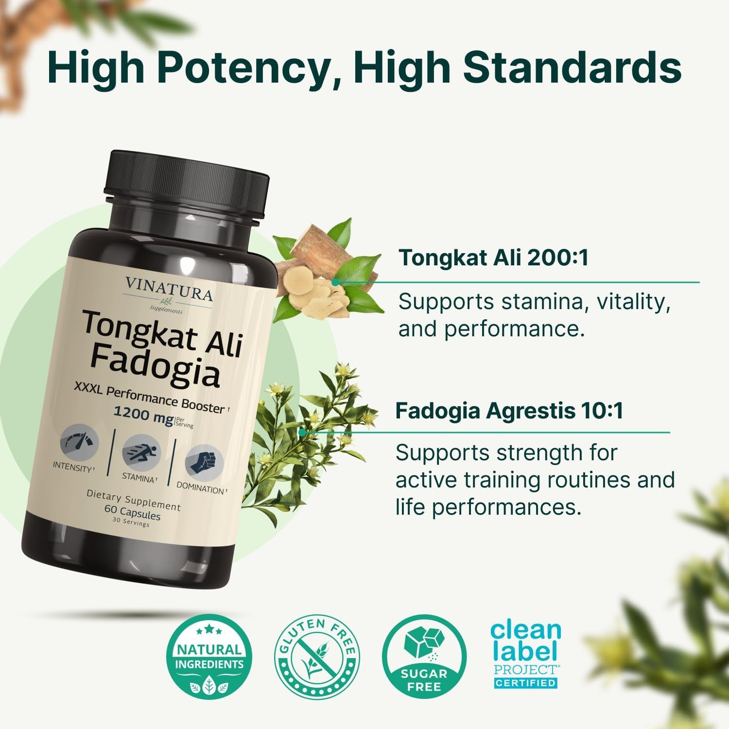 Tongkat Ali Fadogia Agrestis - 1200Mg, Enhanced with Nitric Oxide Booster Supplement, Longjack Tongkat Ali for Men, *USA Made and Tested*, 60 Capsules