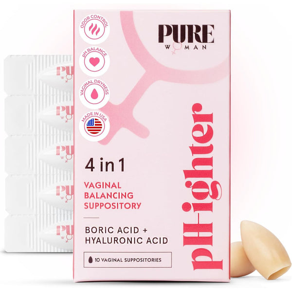 PURE WOMAN Ph-Ighter 10 Vaginal Boric Acid Suppositories for Women with Hyaluronic Acid - 4 in 1 Vaginal Suppositories for Discomfort, Dryness, Odor & Ph Balance for Women - Full Vaginal Health Care