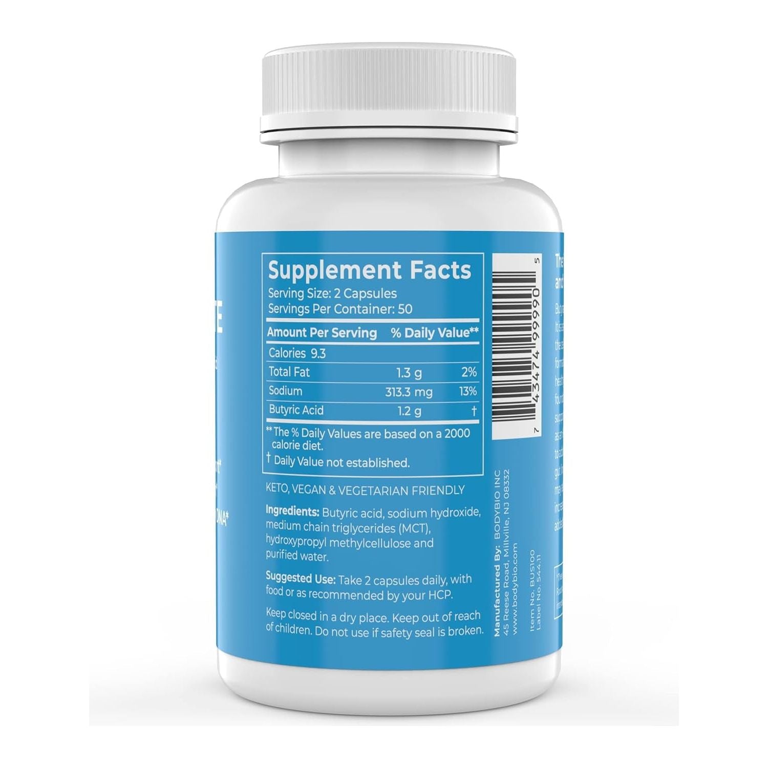 BodyBio Sodium Butyrate Supplement – 100 Capsules | Gut Health, Detox & Inflammation Support