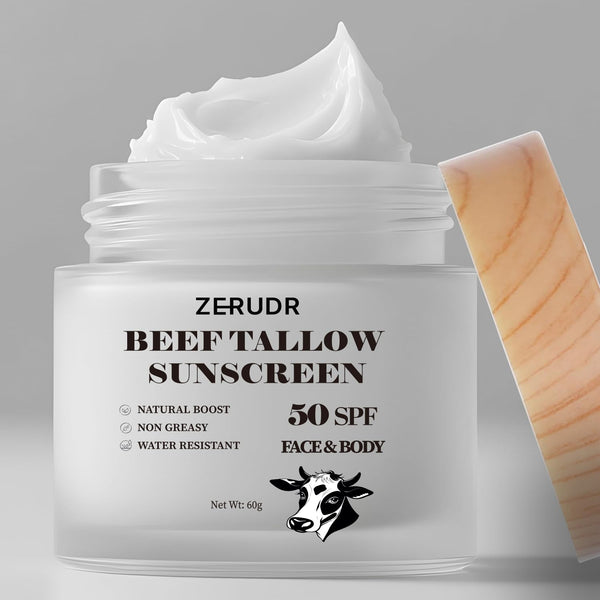 ZERUDR Beef Tallow Sunscreen SPF 50 – 60g | Non-Toxic, Water-Resistant Sun Protection for Sensitive Skin