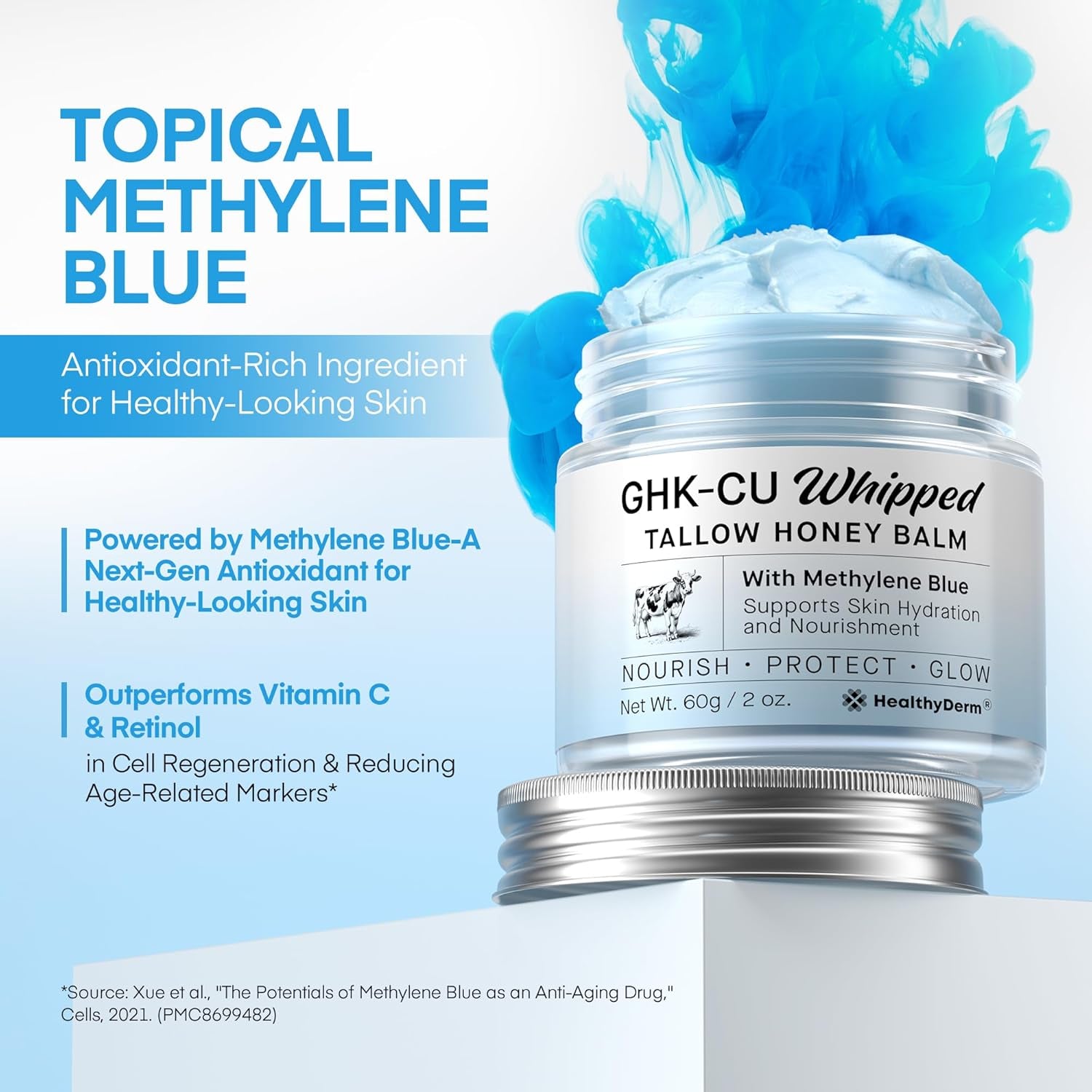 HealthyDerm GHK-CU Whipped Tallow Honey Balm with Methylene Blue – 60g | Repair Skin, Boost Collagen & Antioxidant Protection