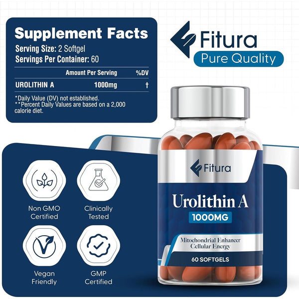 Fitura Urolithin A Supplement – 1000mg, 60 Softgels | Cellular Energy, Muscle Strength & Healthy Aging Support