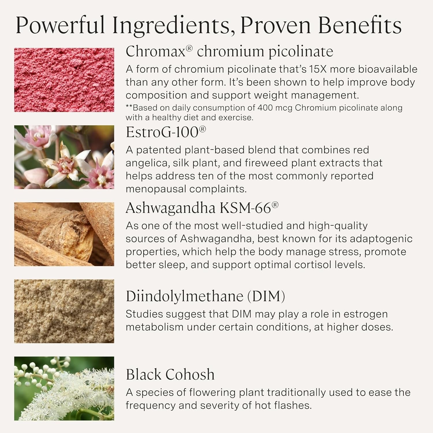 for Women Menopause Support for Peri + Menopause + Post - Mood, Energy, Stress, Hot Flashes, Night Sweats, Sleep & Cortisol, Chromax Chromium, Vitamin D3, KSM-66 Ashwagandha Extract