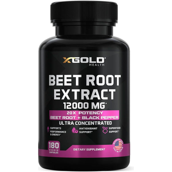 X Gold Health Beet Root Extract 12000mg – 180 Capsules | High-Potency Nitric Oxide Booster for Energy, Endurance & Circulation