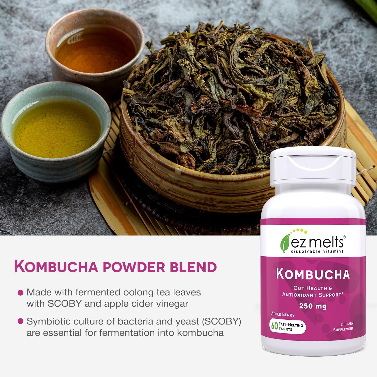 EZ Melts Kombucha Dissolvable Vitamins – 60 Tablets | Gut Health & Antioxidant Support, Sugar-Free, Vegan