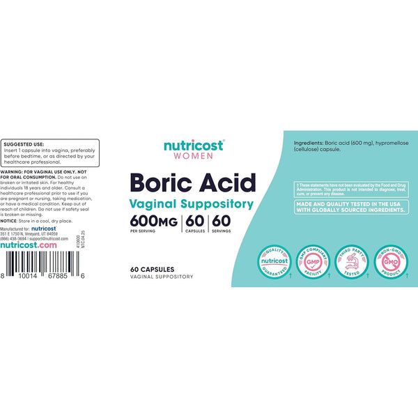 Nutricost Boric Acid Vaginal Suppository – 60 Capsules | 600mg Natural Feminine pH Support & Odor Control
