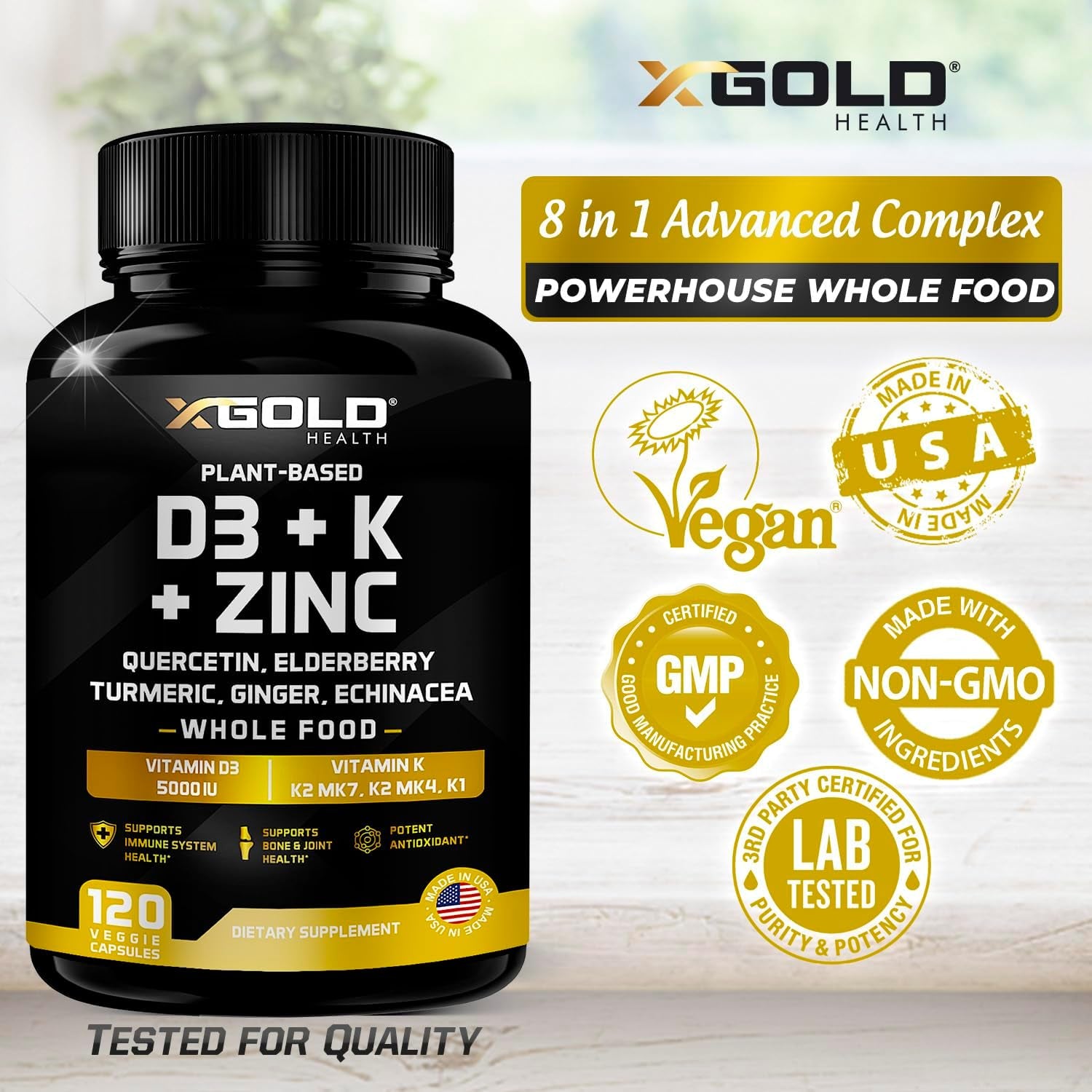 X Gold Health Plant-Based D3 + K + Zinc – 120 Capsules | 8-in-1 Immune, Bone & Heart Support