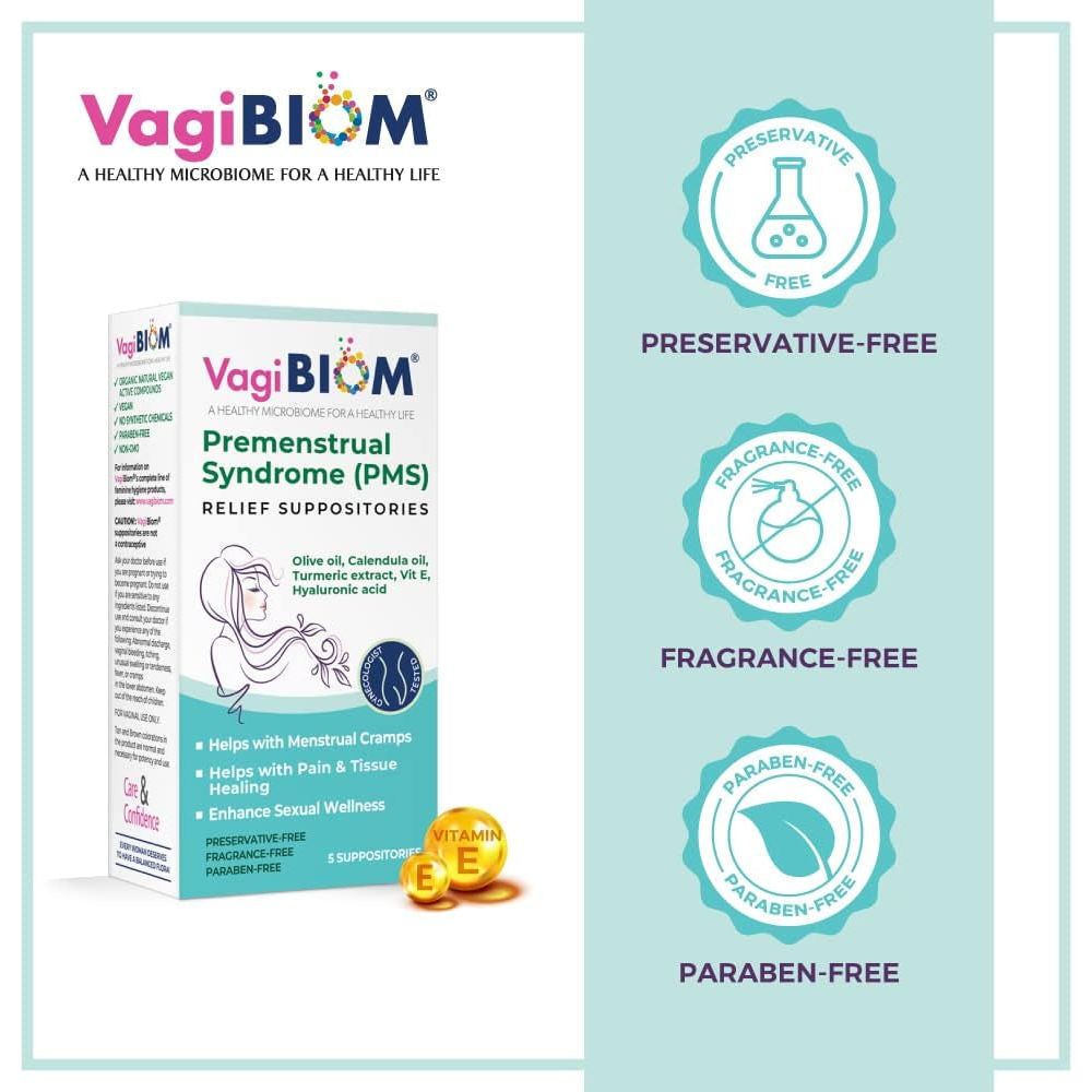 VagiBiom Premenstrual Syndrome (PMS) Relief Suppositories - 5 Suppositories | Natural Relief for Menstrual Discomfort