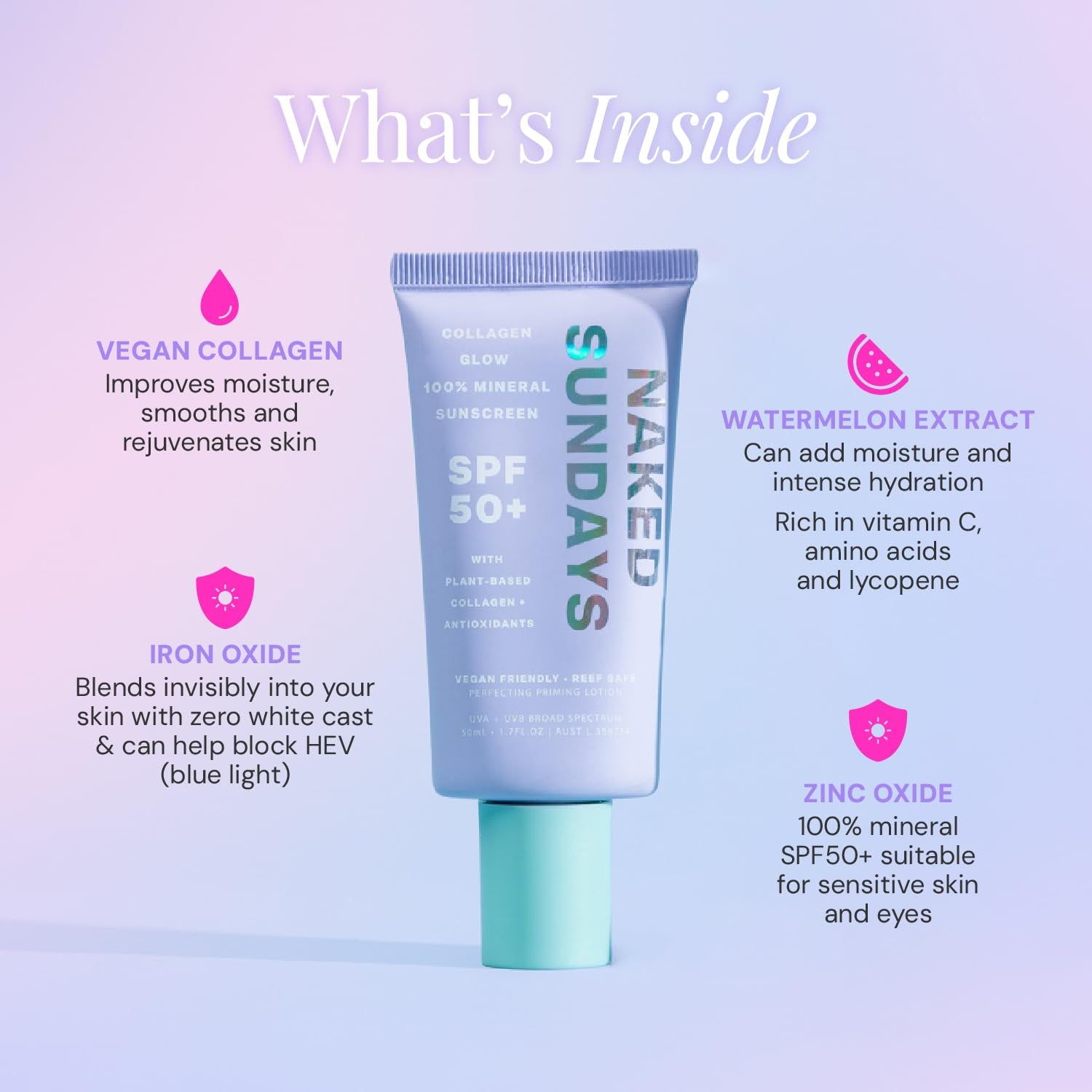 Naked Sundays Collagen Glow 100% Mineral Sunscreen SPF 50+ – 50ml | Primer & SPF in One for a Radiant, Protected Glow