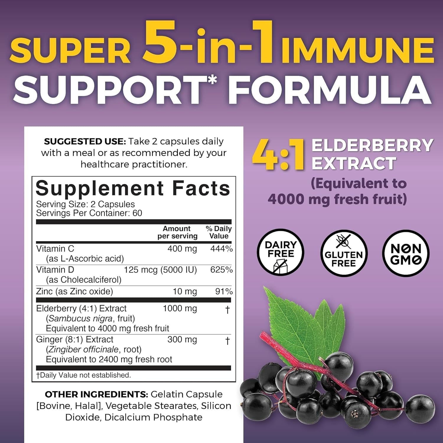 Viva Naturals Elderberry, Vitamin C + Zinc – 5-in-1 Immune Support, 120 Capsules