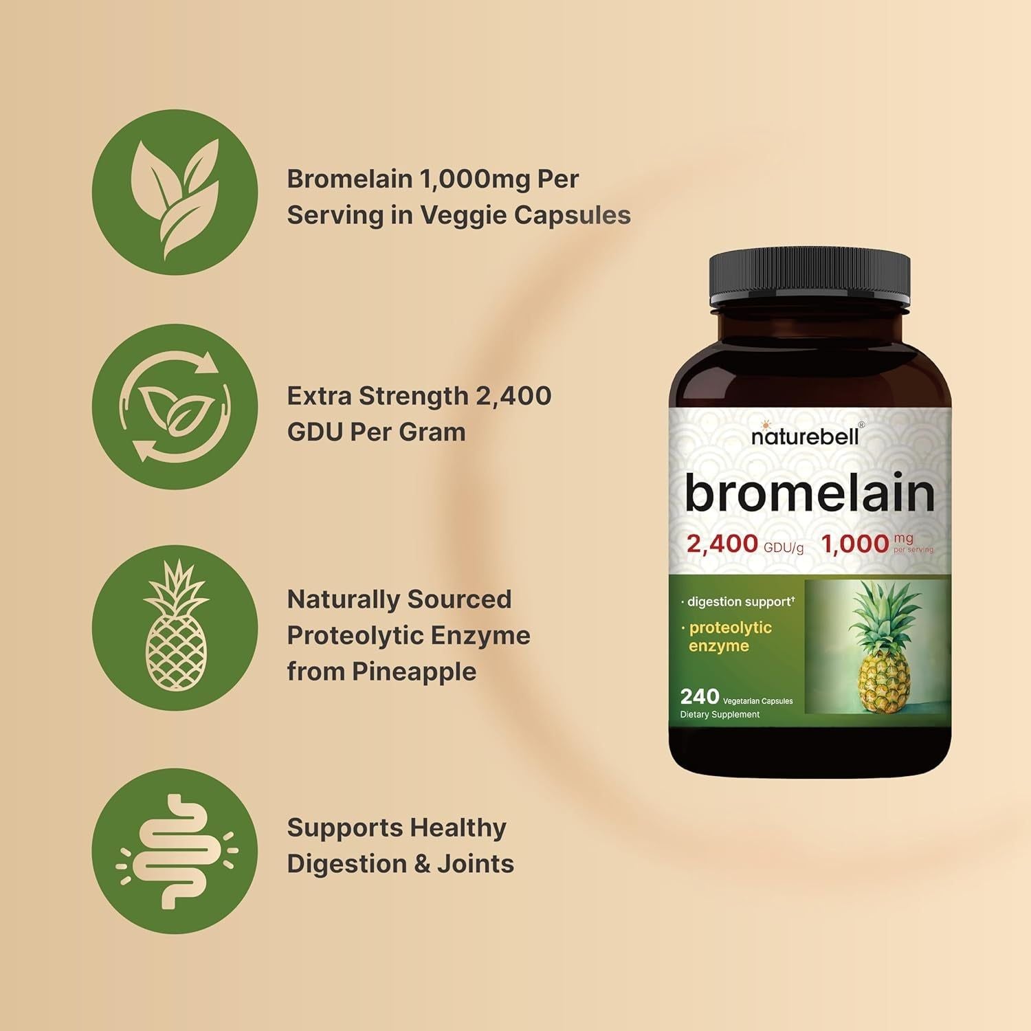 NatureBell Bromelain – 2,400 GDU, 1,000mg per Serving | 240 Vegetarian Capsules