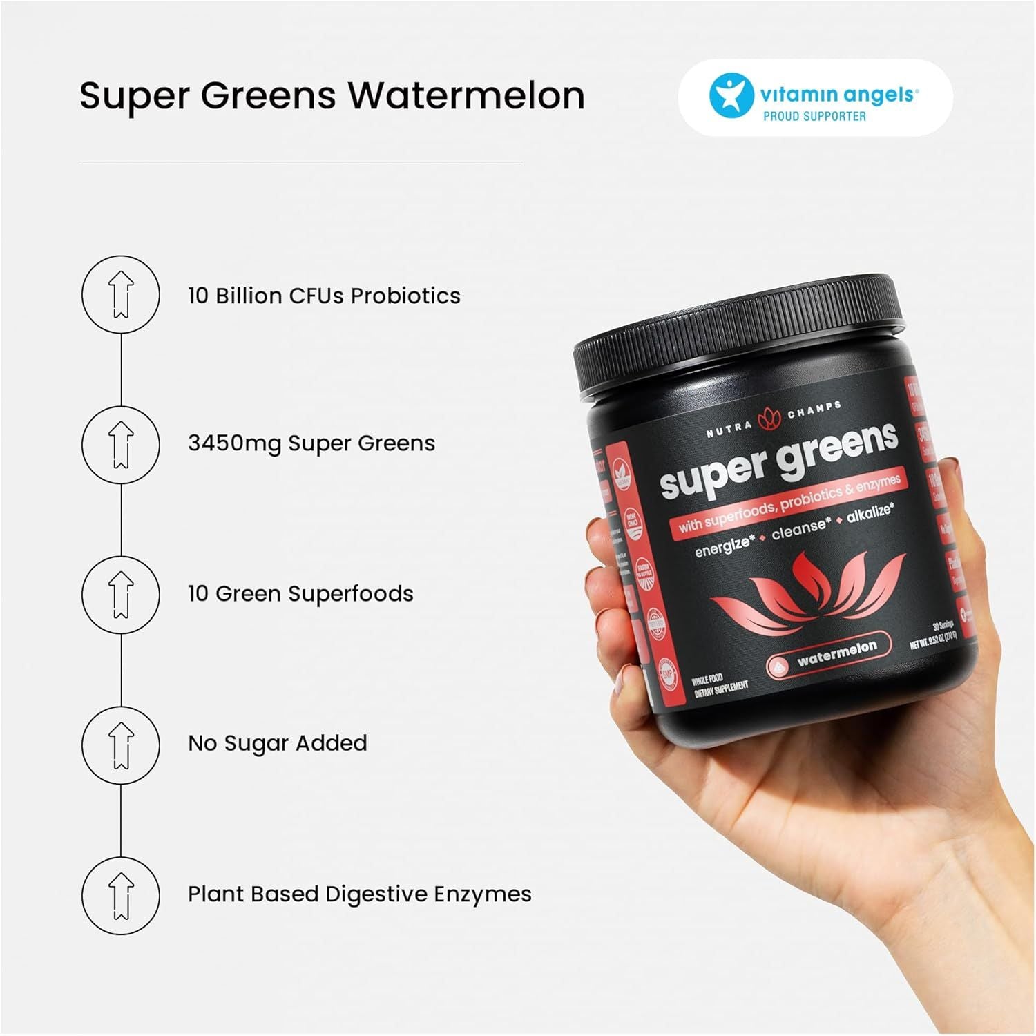 NutraChamps Super Greens Powder | Watermelon – 270g, 30 Servings | Daily Superfood Blend with Probiotics & Enzymes