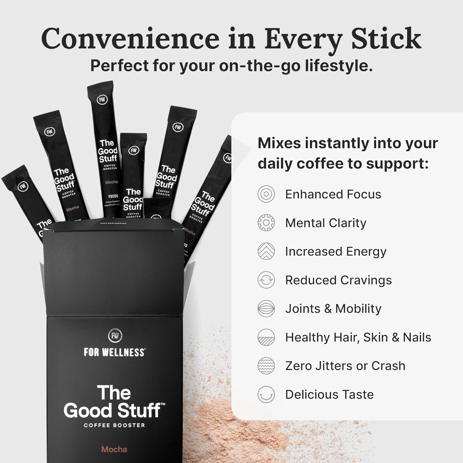 the Good Stuff Focus – Mocha Coffee Booster | Nootropic Collagen Creamer with Mcts for Focus, Energy & Wellness | Non-Dairy, Keto-Friendly, 30 Servings