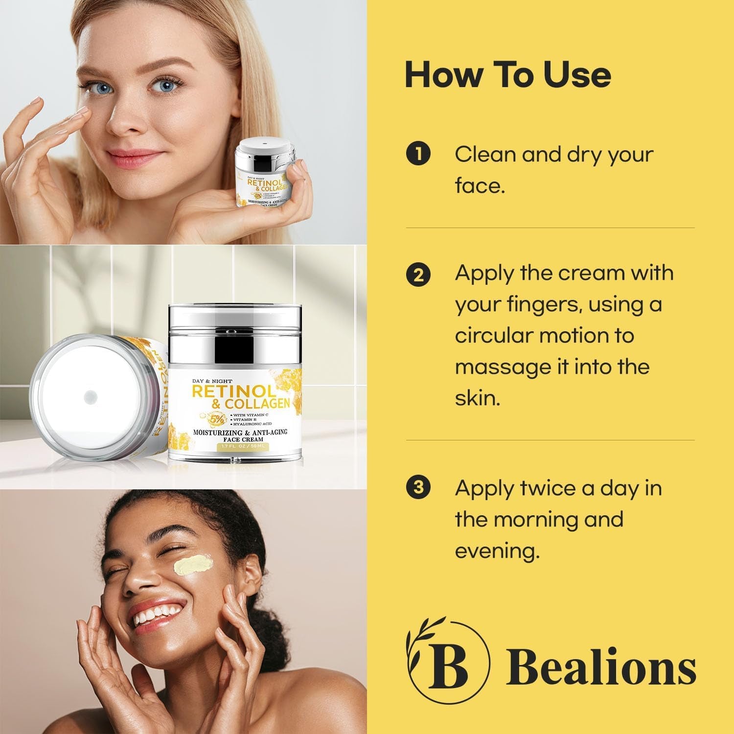 Bealions Day & Night Retinol & Collagen Moisturizing & Anti-Aging Face Cream – 50ml | Firm, Lift & Hydrate