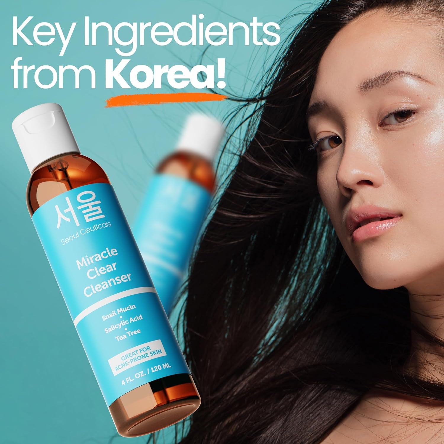 SeoulCeuticals Miracle Clear Cleanser – 120ml | Korean Acne Solution with Snail Mucin, Salicylic Acid & Tea Tree