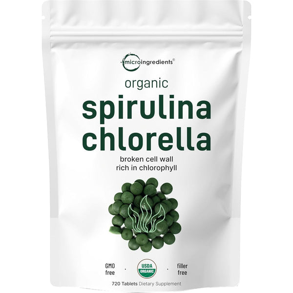 Micro Ingredients Organic Spirulina Chlorella – 720 Tablets | Raw Superfood with Vegan Protein & Chlorophyll – 3000mg Per Serving