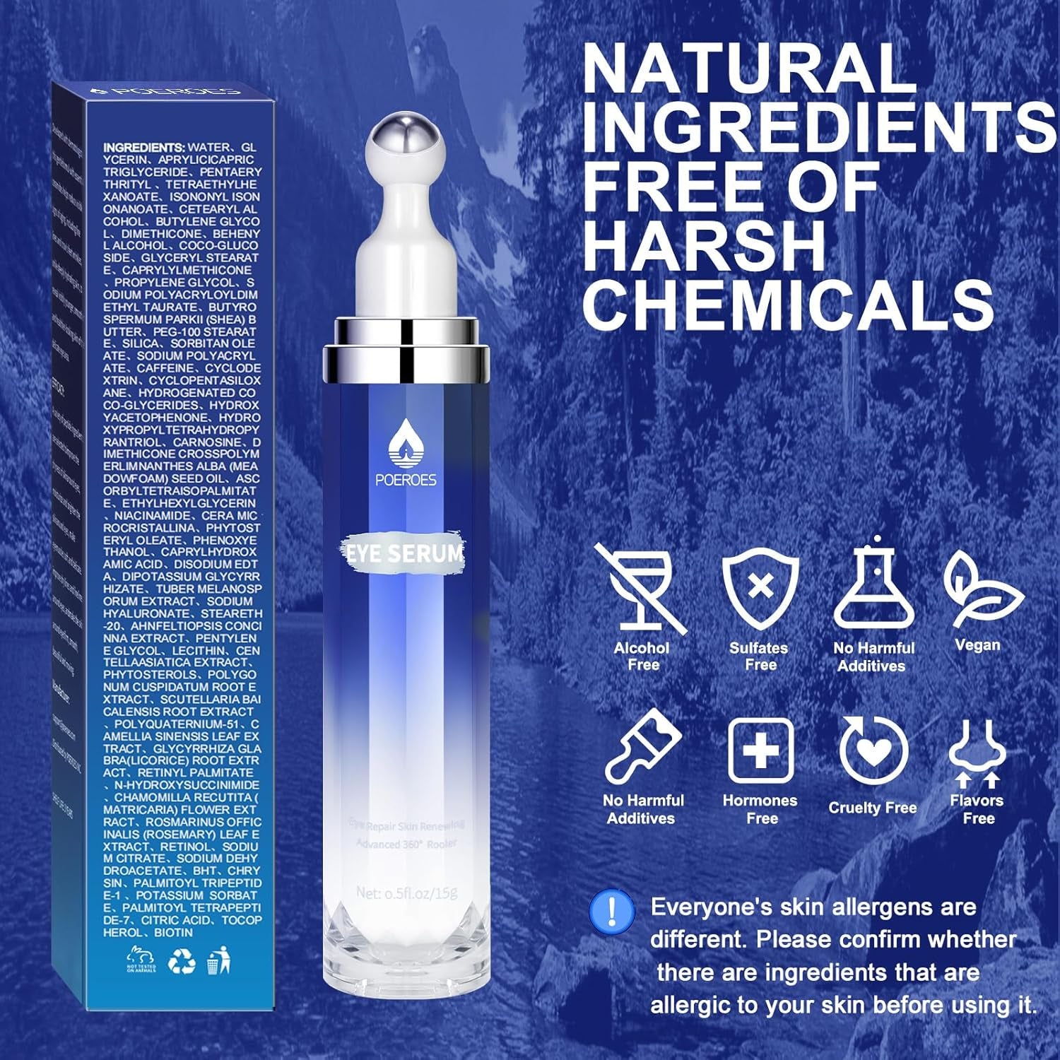 POEROES Eye Serum – 15ml | 8% Caffeine + 8% Retinol Eye Roller for Dark Circles, Puffiness & Fine Lines