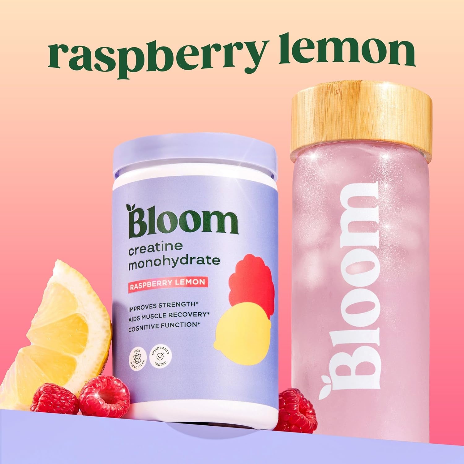 Bloom Nutrition Creatine Monohydrate – 254g | Raspberry Lemon Flavour – Lean Muscle, Strength & Brain Boost, 40 Servings