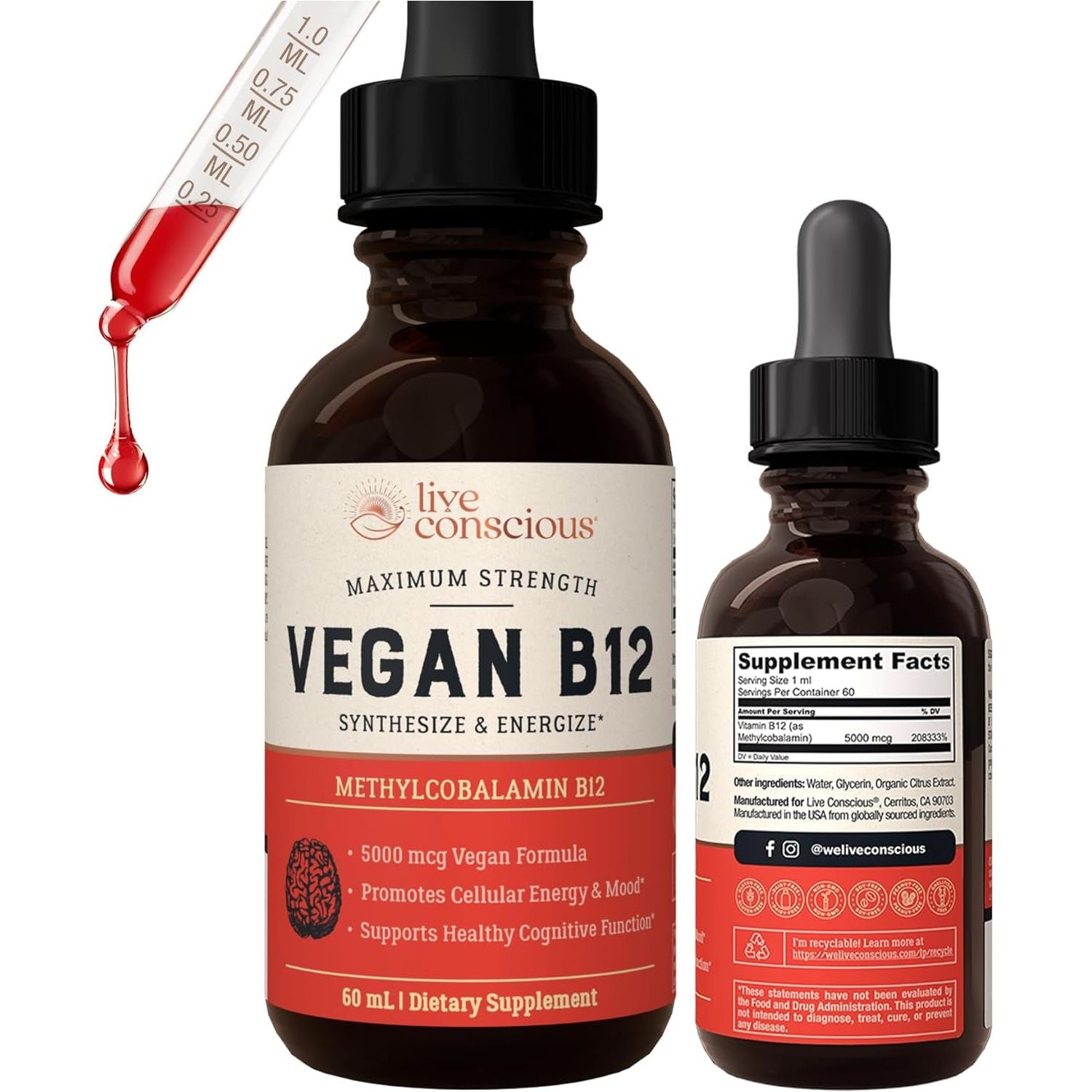 Live Conscious Vegan B12 – 60ml | Fast-Absorbing Energy & Immune Support with Methylcobalamin (5000mcg)