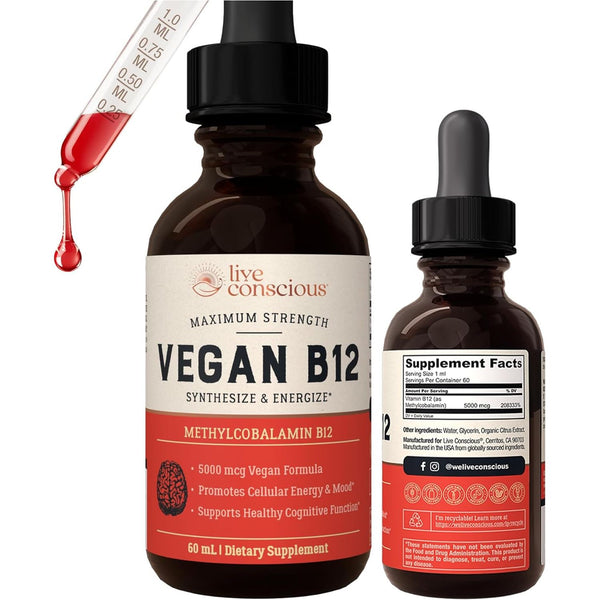 Live Conscious Vegan B12 – 60ml | Fast-Absorbing Energy & Immune Support with Methylcobalamin (5000mcg)