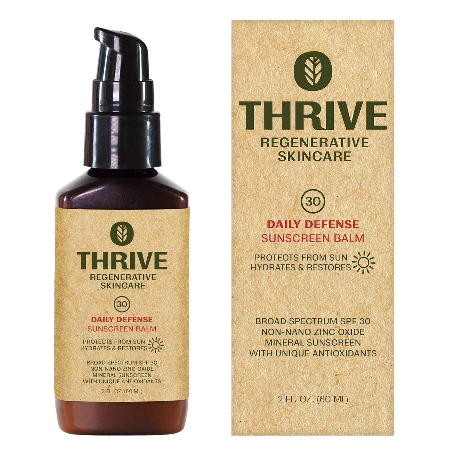 Thrive Natural Care Regenerative Skincare SPF 30 Daily Defense Sunscreen Balm – 60ml | Mineral Moisturizer with Antioxidants & Matte Finish