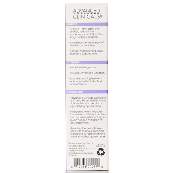 Advanced Clinicals Complete 5-In-1 Eye Serum – 59ml | Targets Dark Circles, Puffiness & Fine Lines