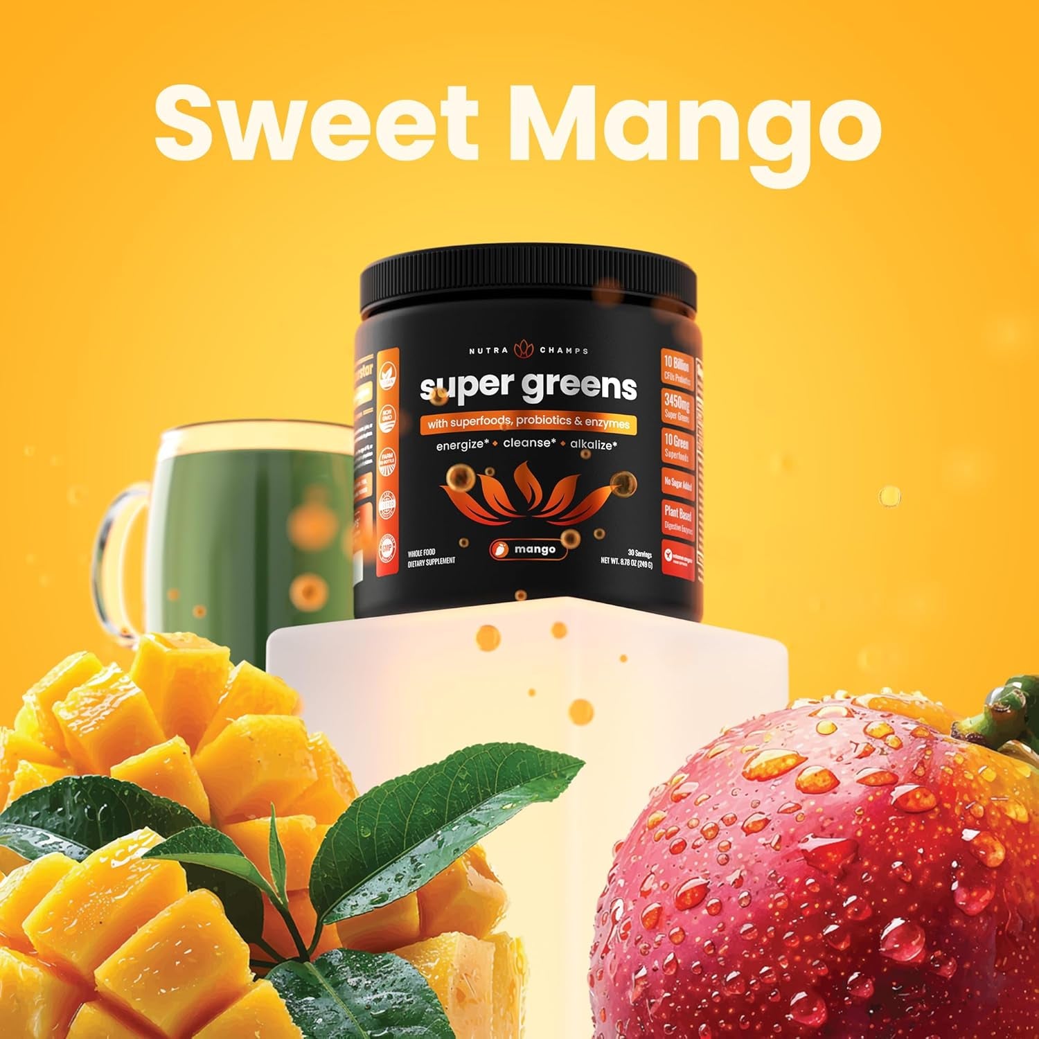 NutraChamps Super Greens Powder | Mango Flavor– 249g, 30 Servings | 40+ Nutrients & Probiotics