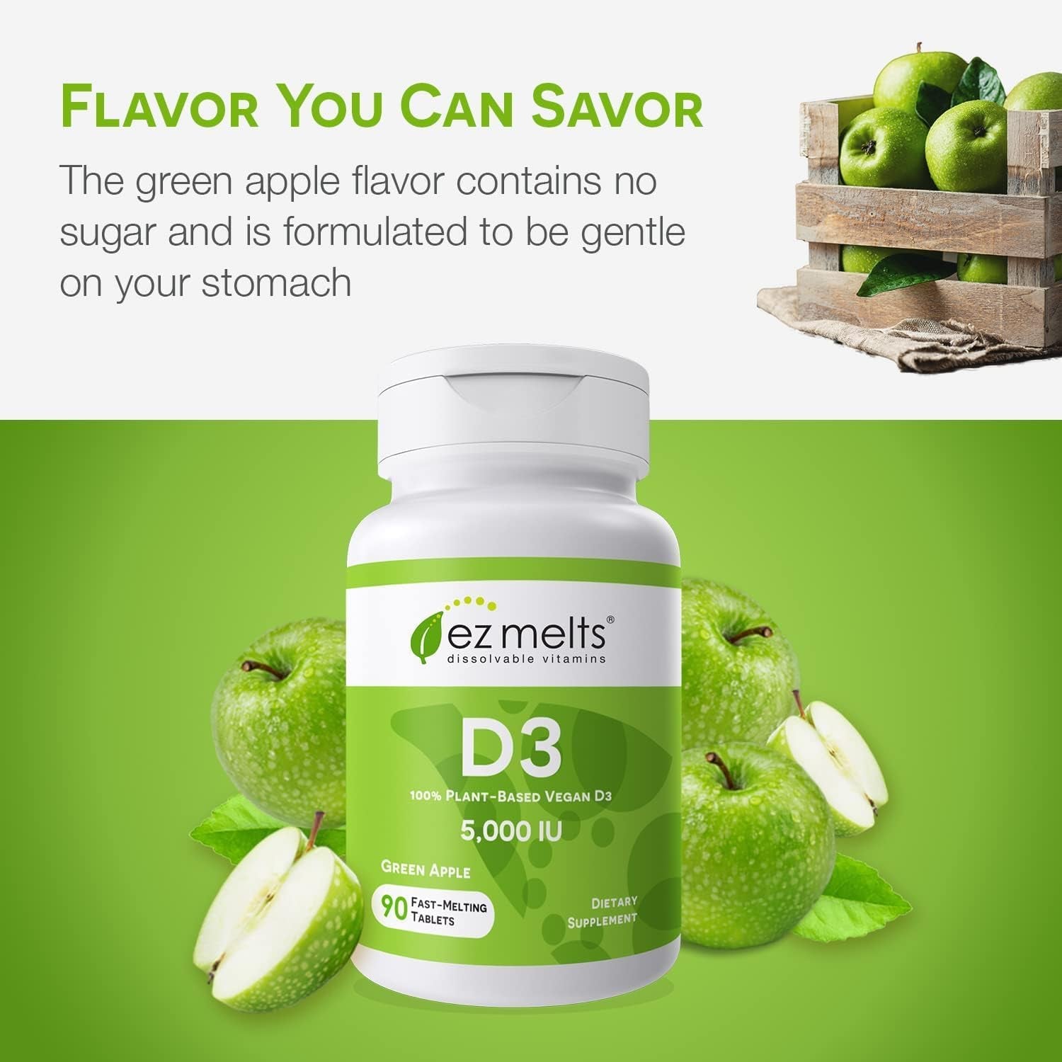 EZ Melts Dissolvable Vitamin D3 5,000 IU – 90 Tablets | Fast-Melting Green Apple Immune & Bone Support