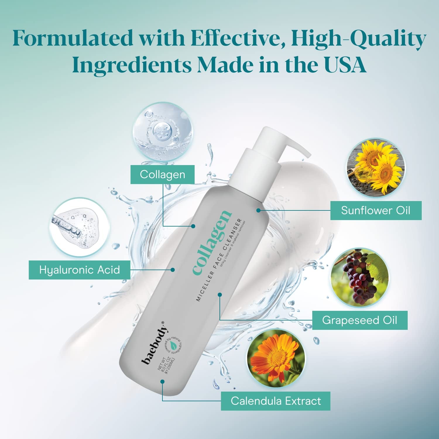 Baebody Collagen Micellar Face Cleanser – 236ml | Hydrating Makeup Remover & Skin-Firming Wash