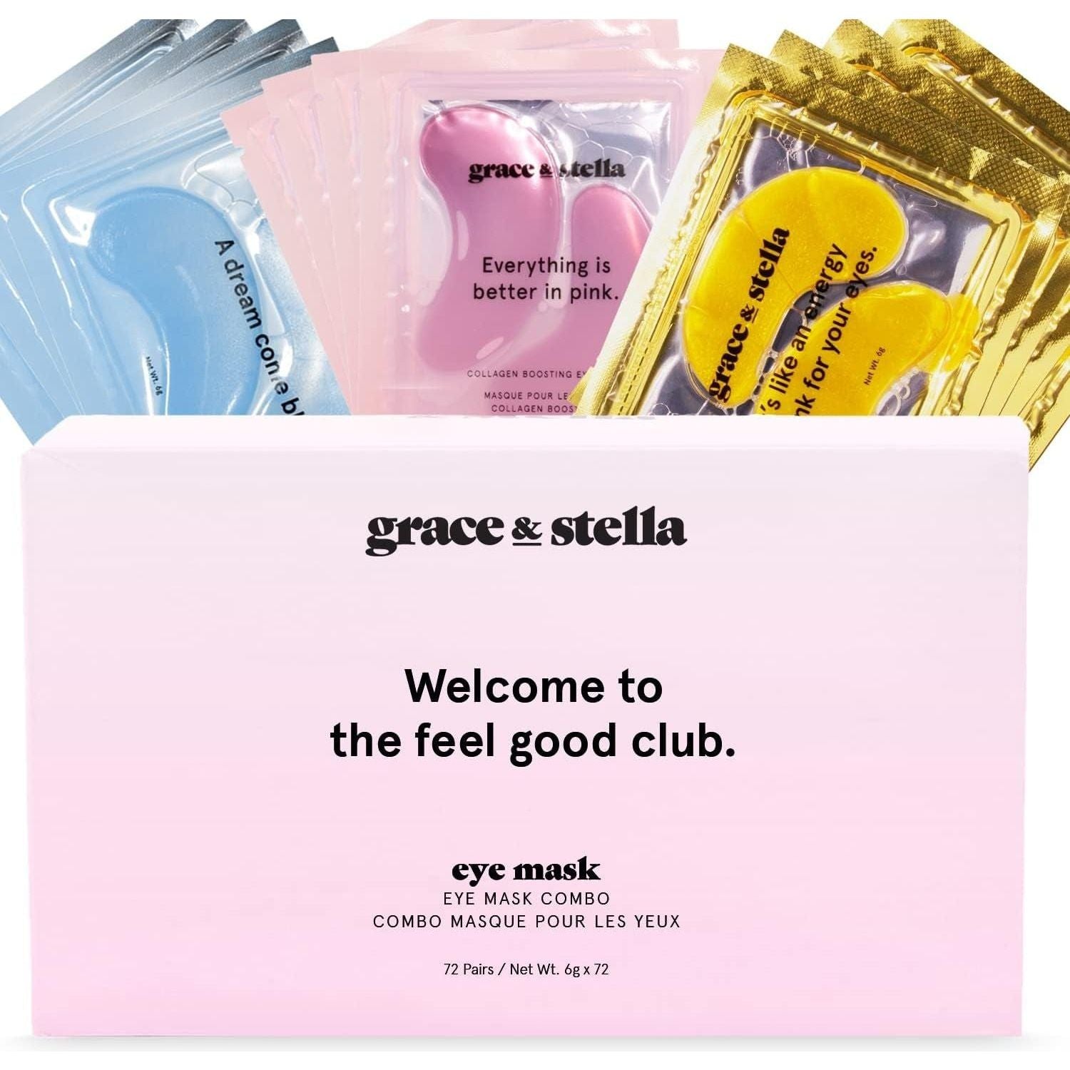 Under Eye Mask - Reduce Dark Circles, Puffy Eyes, Undereye Bags, Wrinkles - Gel under Eye Patches, Vegan Cruelty-Free Self Care by Grace and Stella (72 Pairs, Goldpinkblue)