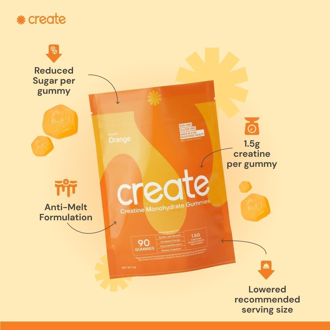 Creatine Monohydrate Gummies for Men & Women, Boost Focus, Strength, and Endurance, Anti-Melting Formula, Vegan, Gluten-Free, Non-Gmo, 1.5G of Creatine per Gummy (Orange, 90 Ct)