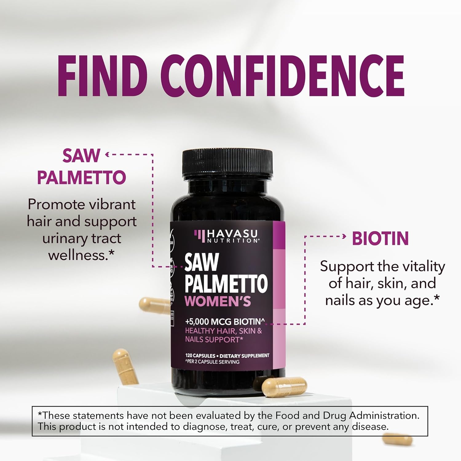 HAVASU NUTRITION Saw Palmetto Women’s – 120 Capsules | Hair, Skin & Nail Support with Biotin