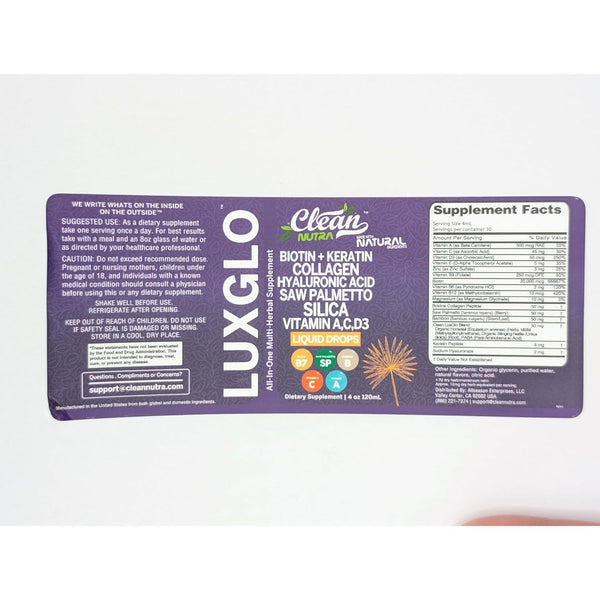 Clean Nutraceuticals LuxGlo All-in-One Multi-Herbal Supplement – 120ml | Liquid Biotin, Collagen, Hyaluronic Acid & More for Radiant Hair, Skin & Nails