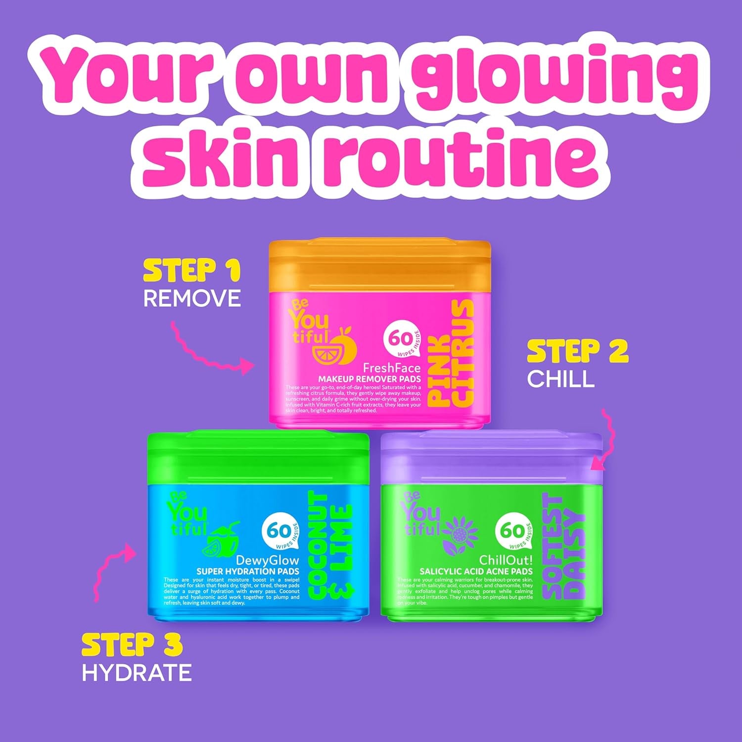 Dewyglow Hydrating Face Moisturizer Wipes for Teens and Kids, Valentines Gifts for Girls, 60 Toner Facial Pads, Trendy Skin Care, Vegan, Coconut Water & Hyaluronic Acid