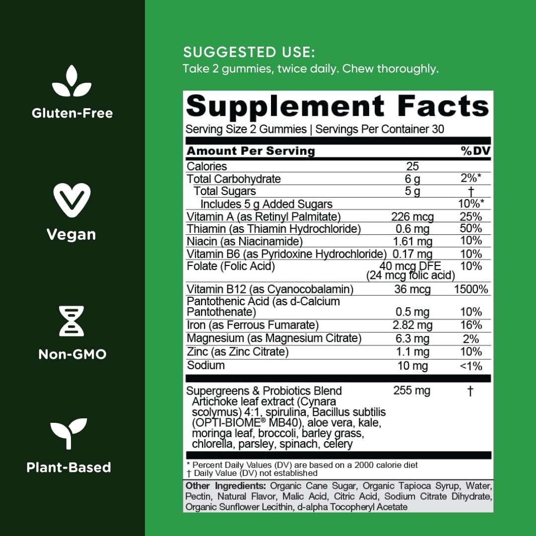 Supergreen Vitamin Gummy - 180 Count - Essential Vitamins and Minerals - Plant-Based, Vegan, Gluten-Free & Gelatin Free - Health from Within, Pack of 3