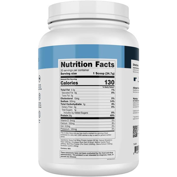 Grass-Fed Whey Protein Isolate - Natural Flavor, Gluten Free Whey Protein Powder W/ 28G of Protein per Serving & 9 Essential Amino Acids - 30 Servings, Strawberry Milkshake