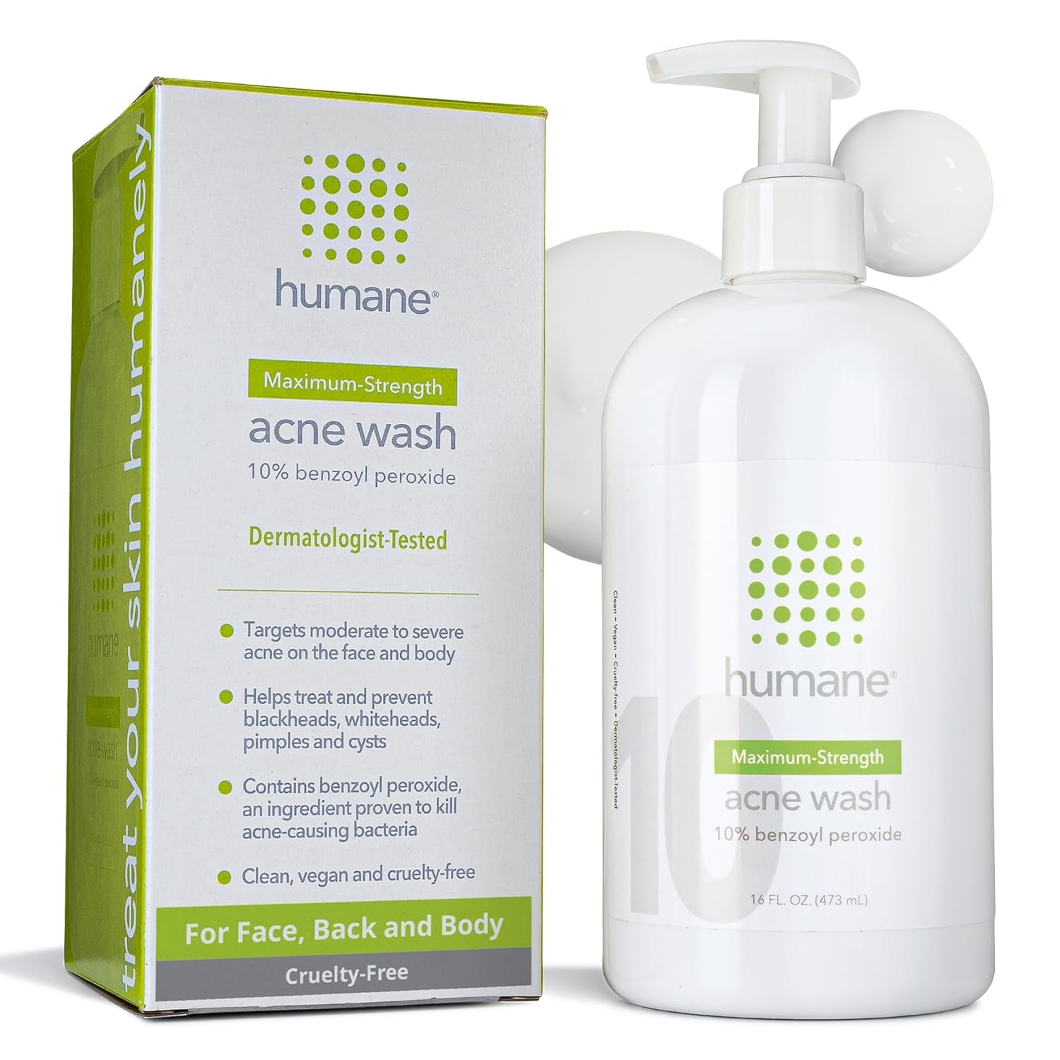 Humane Maximum-Strength Acne Wash – 473ml | 10% Benzoyl Peroxide Body & Face Cleanser for Stubborn Acne