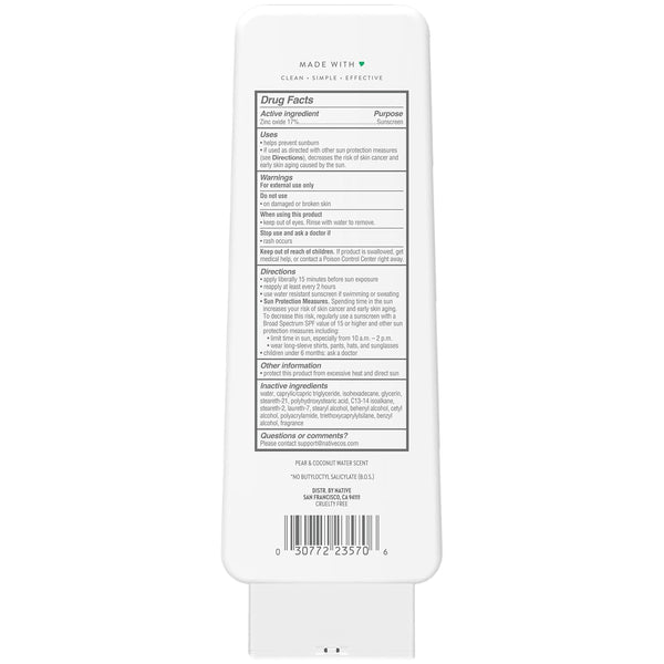 Sunscreen Lotion Pear & Coconut Water SPF 30, 100% Mineral SPF for Face & Body Broad Spectrum UVA UVB for Men & Women, Suitable for Sensitive Skin & Hawaii Compliant, Lightweight, 7Oz