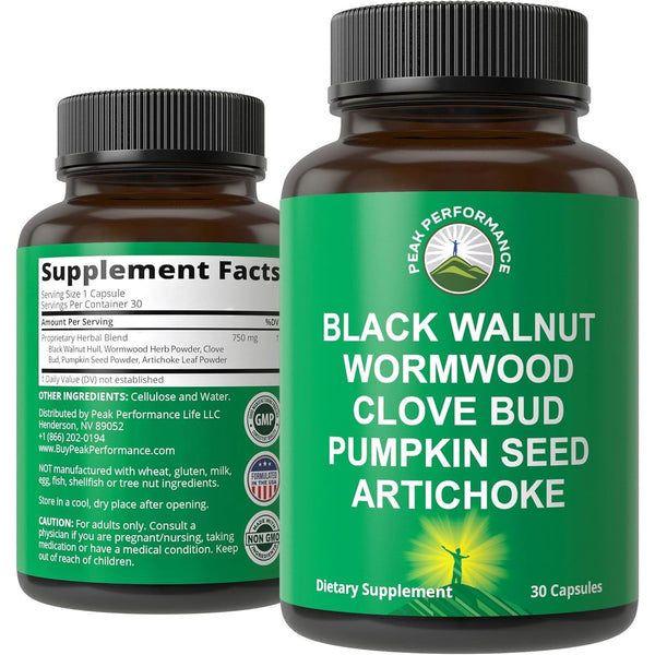 Peak Performance Black Walnut, Wormwood, Clove Bud & Pumpkin Seed Cleanse – 30 Capsules | Herbal Detox & Digestive Support