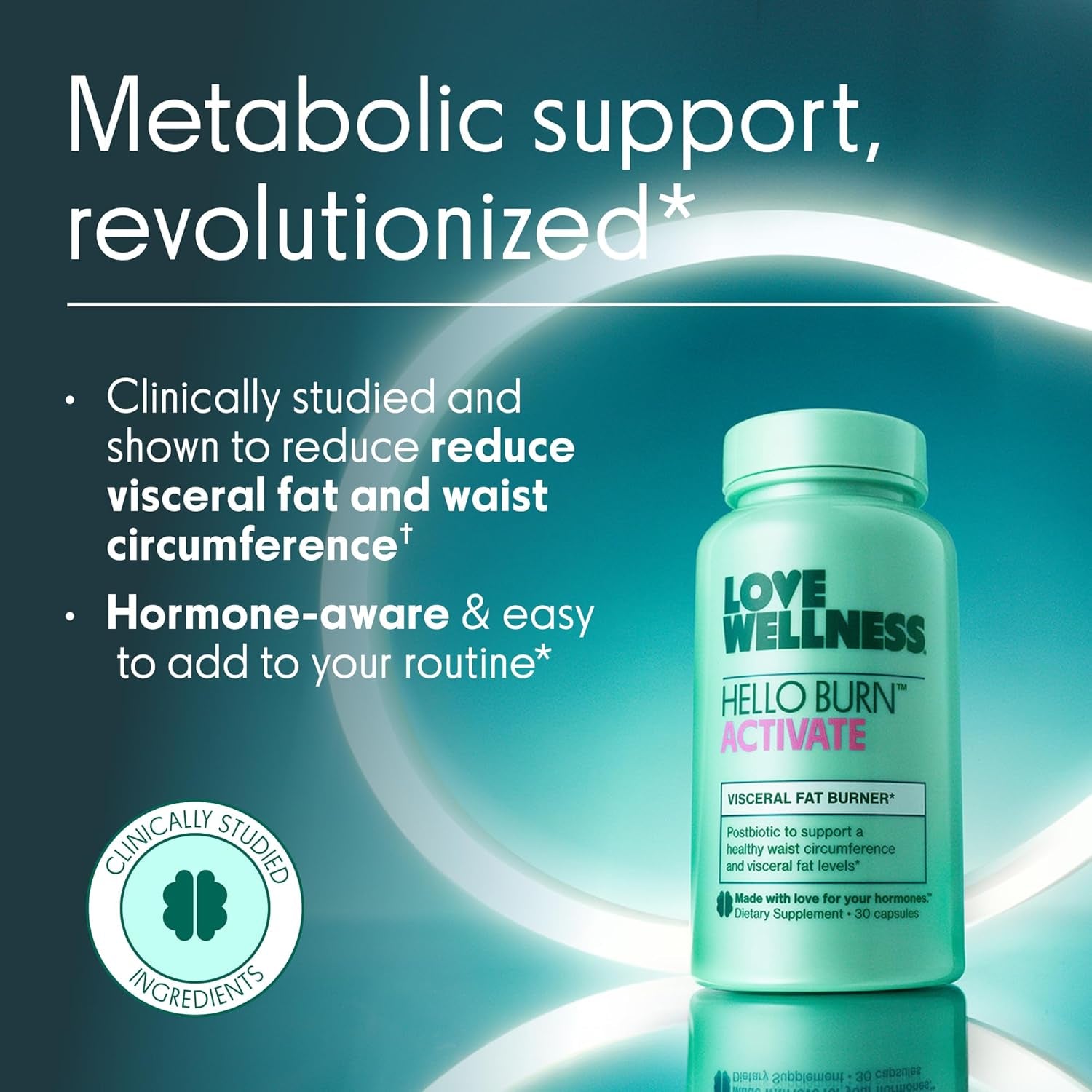 Love Wellness Hello Burn Activate – 30 Capsules | Visceral Fat & Waistline Support with Clinically Studied Postbiotic