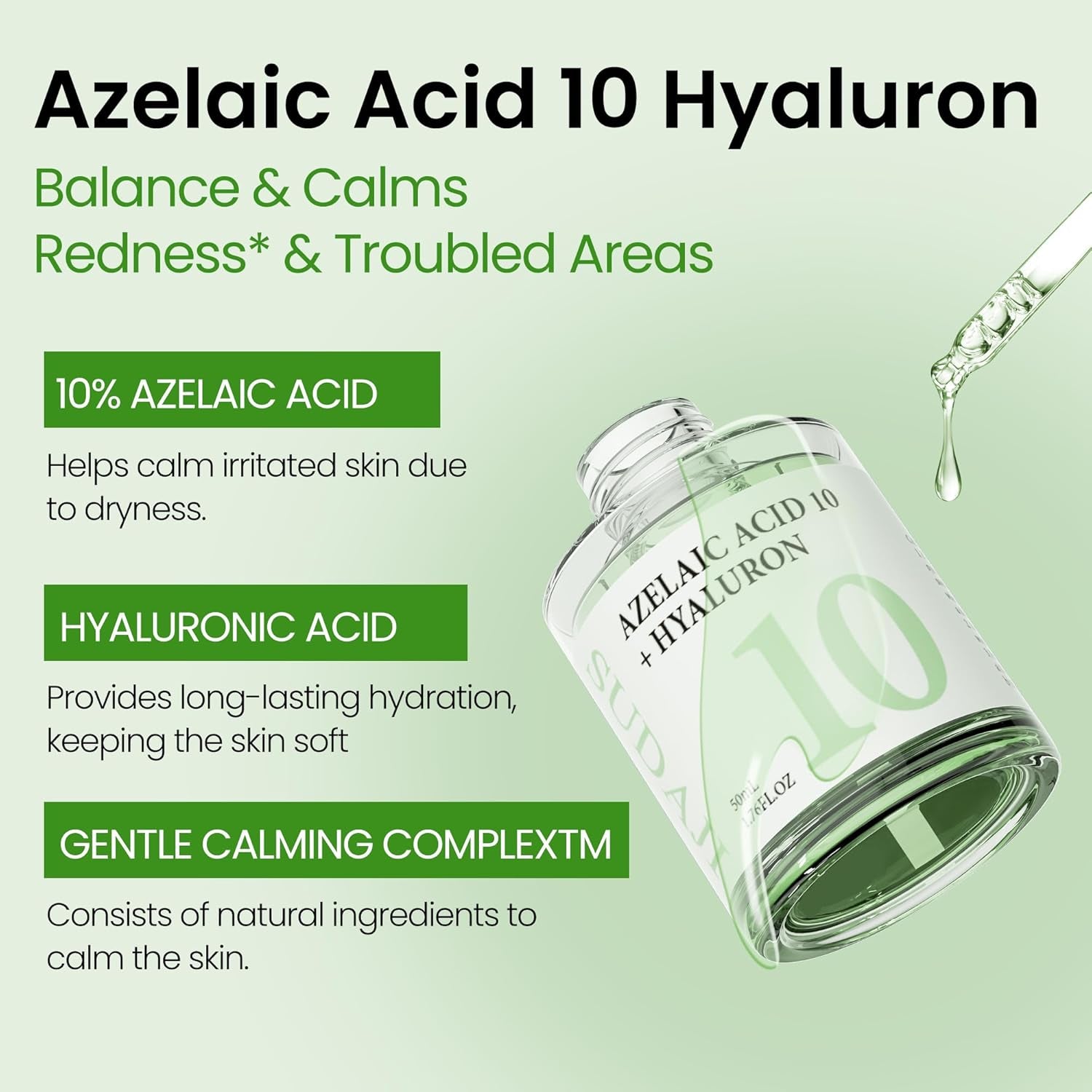 SUDAJI Azelaic Acid 10 + Hyaluron Soothing Serum – 50ml | Redness-Calming, Non-Comedogenic Skin Booster