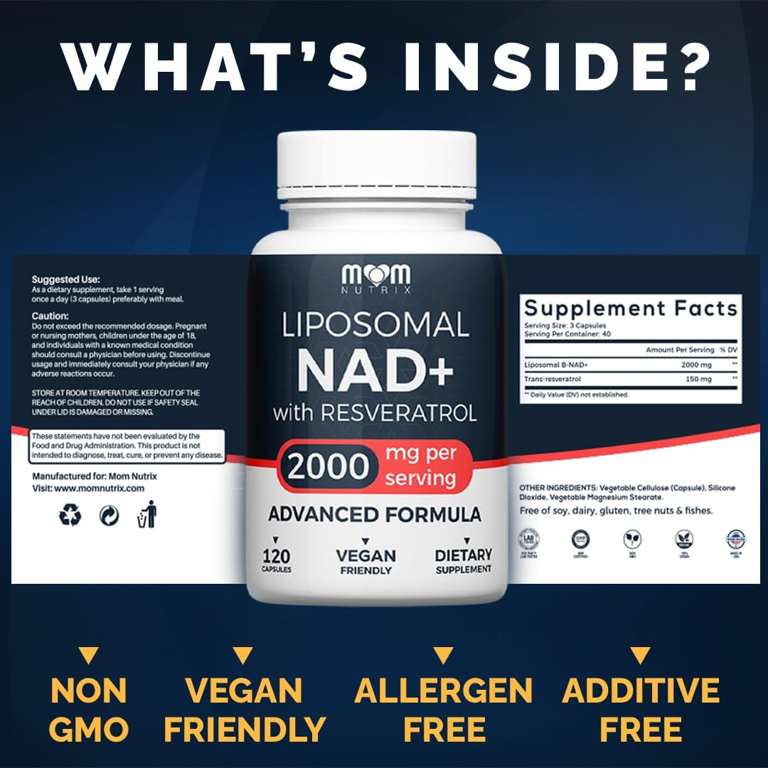MOM NUTRIX Liposomal NAD+ with Resveratrol – 120 Capsules | Cellular Energy, Healthy Aging & Radiant Skin